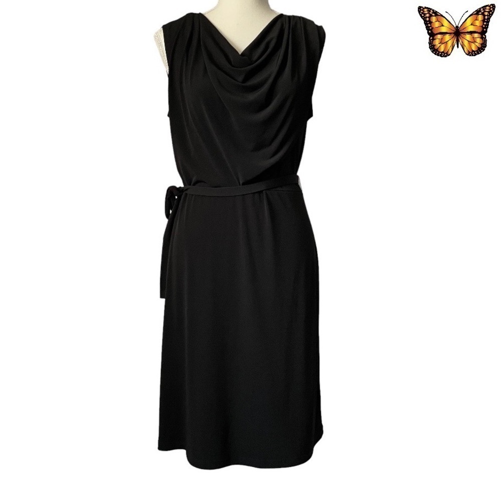 RW & CO Cowl Neck Sleeveless Tie Waist Midi Little Black Dress Size Medium